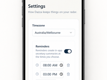 Dazza Follow-Up mobile Settings screen for reminders and notification preferences