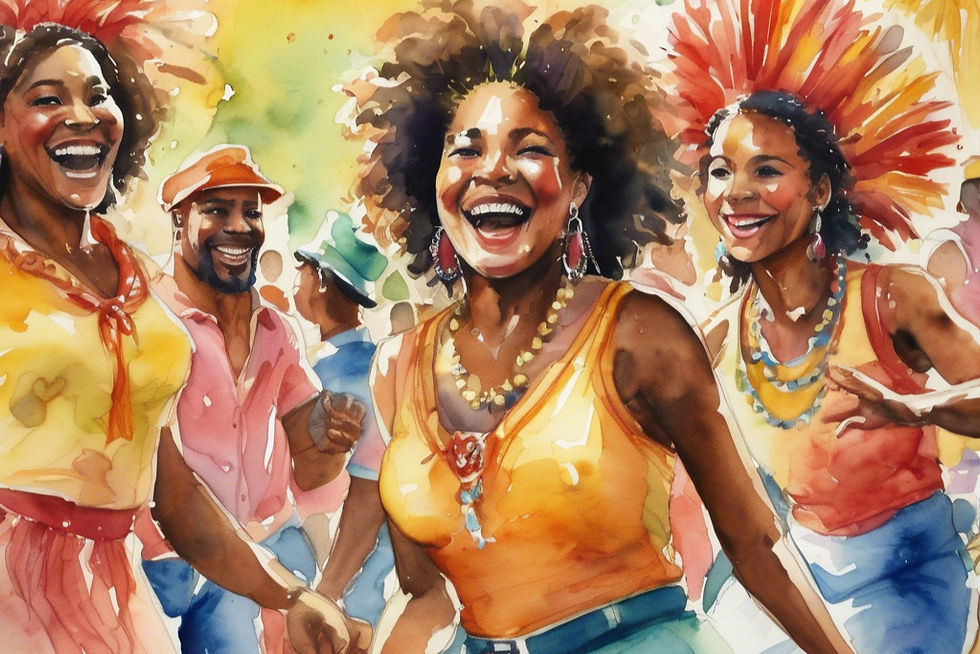Caribbean people hdancing and smiling at a carnival parade in water colour.jpg