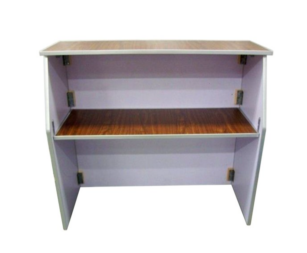 Thumbnail: Wooden event bar with a brown finish and a shelf.