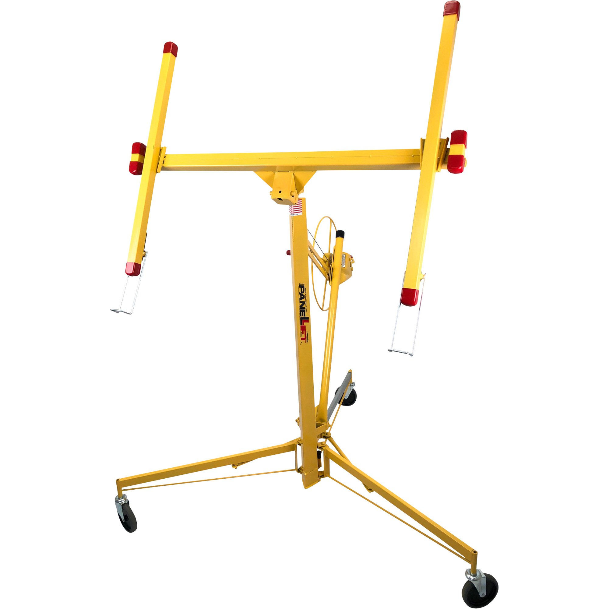 Yellow drywall lift stand with adjustable height.