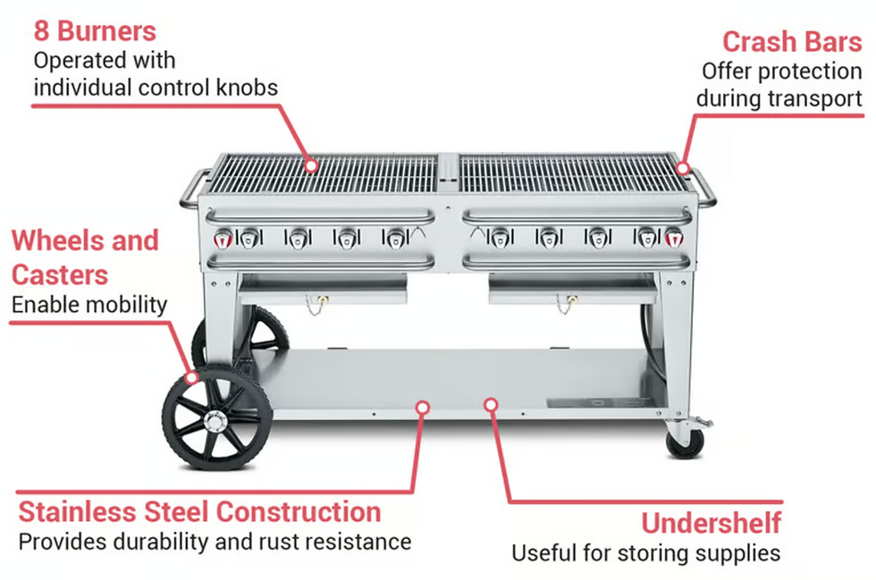 Thumbnail: Large stainless steel propane grill on wheels.