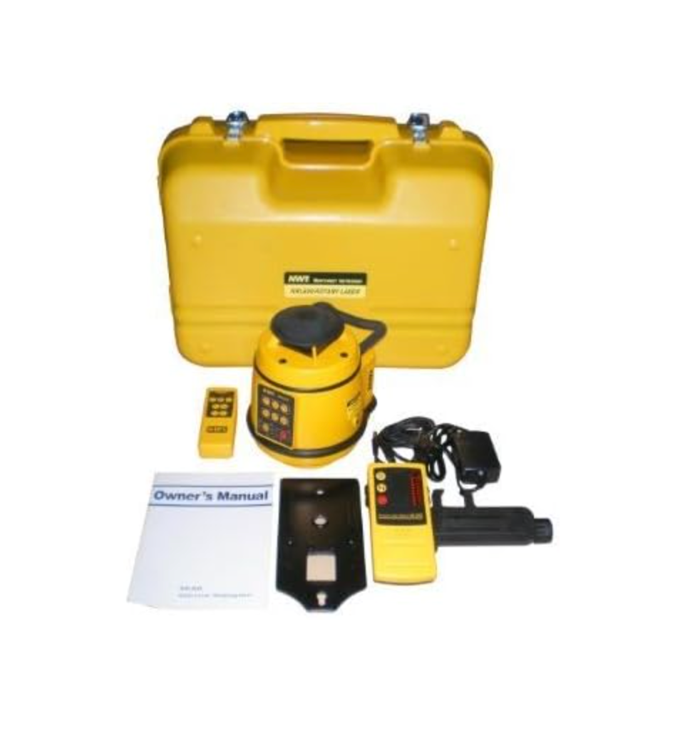 Thumbnail: Yellow rotating laser level and accessories.