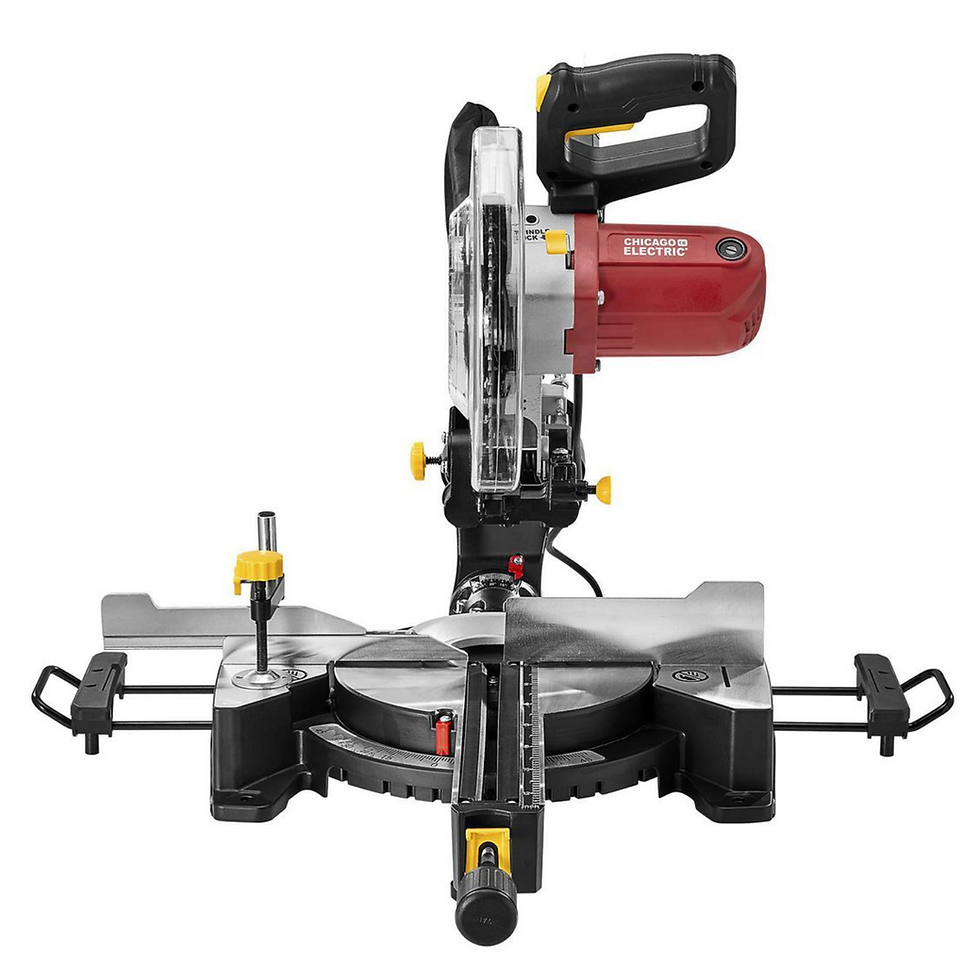 Thumbnail: Black and yellow miter saw with a laser guide.