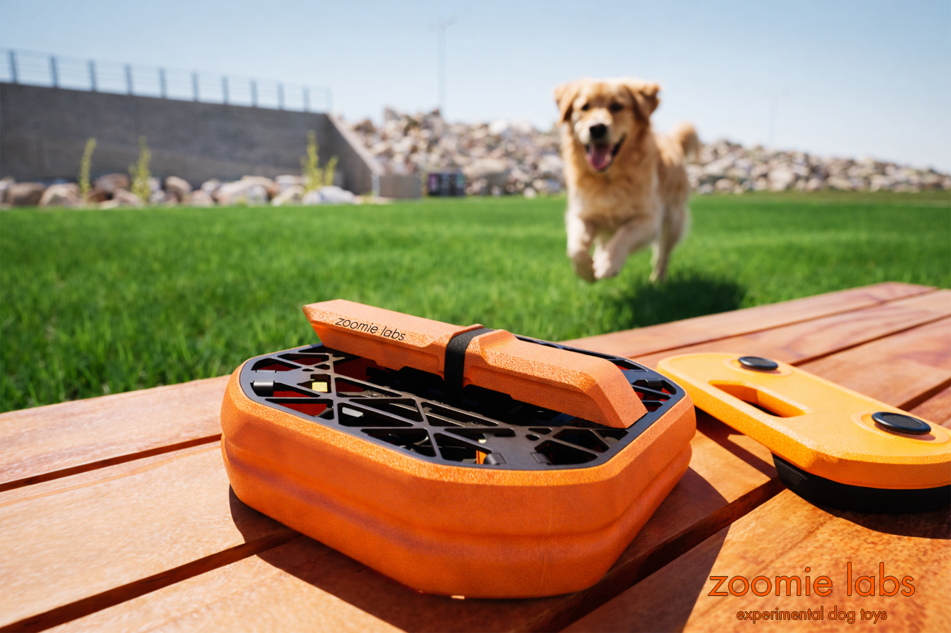 Wagger drone-based flying dog toy in front of a dog