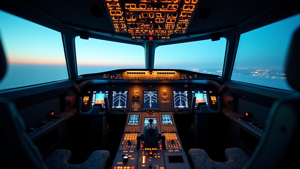 Eye-level view of a flight simulator cockpit with multiple screens and controls