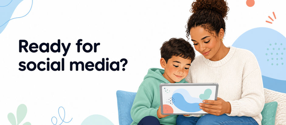 An illustration mother and child look at a tablet together and the text 'ready for social media?'