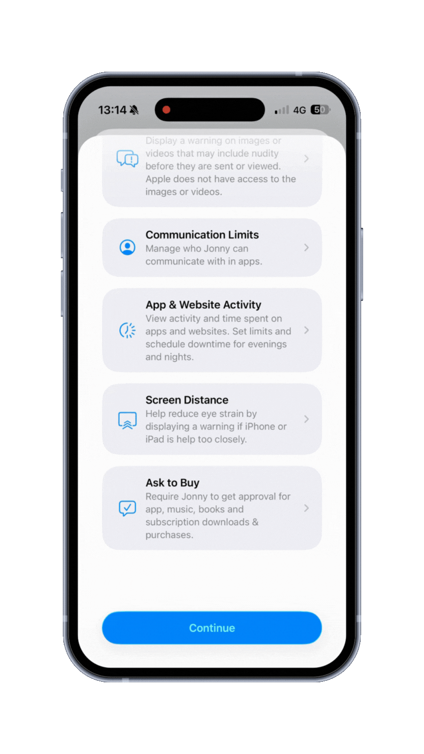 Screen Distance feature settings showing the option to enable alerts when a child holds their device too close to their face.