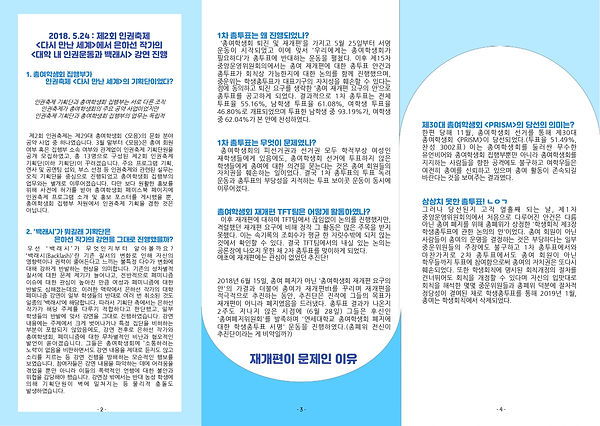 제30대 총여학생회 prism이 발행한 리플렛이다. 총여학생회 관련 질문들에 상세히 답하고 있다. 요약은 다음과 같다. 총여학생회는 1988년 여학생들의 자발적 결성으로 시작됐다. 여성 혐오, 폭력, 차별에 맞서왔으며, 현재도 학내 성평등 문화 구축에 앞장서고 있다. 오해와 달리 인권축제 '다시만난세계'는 총여학생회가 아닌 독립적인 기획단이 주최했으며, 은하선 작가의 강연에 이어진 일련의 사태는 성평등적 질서에 대한 반발, 즉 백래시에 해당한다. 강연자와 총여학생회에 대한 비난과 혐오적 발언, 물리적 위협이 행해진 바 있다. 총여학생회 재개편을 둘러싼 논란은 서명 운동으로 시작해 중운위의 총투표 결정으로 이어졌는데, 1차 총투표는 대다수 남학생의 찬성 속 여학생 투표율은 낮았다. 투표 자체가 총여 회원의 자치권 침해로 비판받았으며 TFT팀의 재개편 노력은 주목받지 못했다. 추진단은 사실상 총여 폐지를 목표로 하고 있었고 이는 총폐위의 발족으로 이어졌다. 제30대 총여학생회 PRISM의 당선은 여학우들의 신뢰를 보여주었으나, 총여 폐지를 위한 2차 총투표가 이어져 총여의 자치권은 다시 한번 훼손되었다. 총학생회칙에서 조항이 삭제된 이후에도 총여학생회는 독립 자치기구로 활동을 계속했다. 중운위는 이 조치가 회칙 개정에 해당하지 않으며, 총투표 요구에도 불구하고 자치단체를 없앨 권한이 없음을 인정했다. 총여학생회는 여성의 날 행사, 신입생 오리엔테이션, 불법촬영기기 탐지 등 다양한 활동을 이어가지만, 학교 측에서 지원을 받지 못한 채 고군분투했다. 2020년 3월 12일, 총학생회의 총여학생회실 강제 철거 시도가 있었다. 총여실이 서재, 불법 촬영 탐지기 대여실, 성폭력 지원 공간 등으로 활용되어 필요성이 컸으며, 총여학생회와 총학생회는 독립적인 단체로 서로의 공간을 철거할 권한이 없다. 총여실은 학생 인권의 역사를 담고 있으며, 이 공간의 논의와 사용은 소통과 협업을 통해 결정되어야 한다.