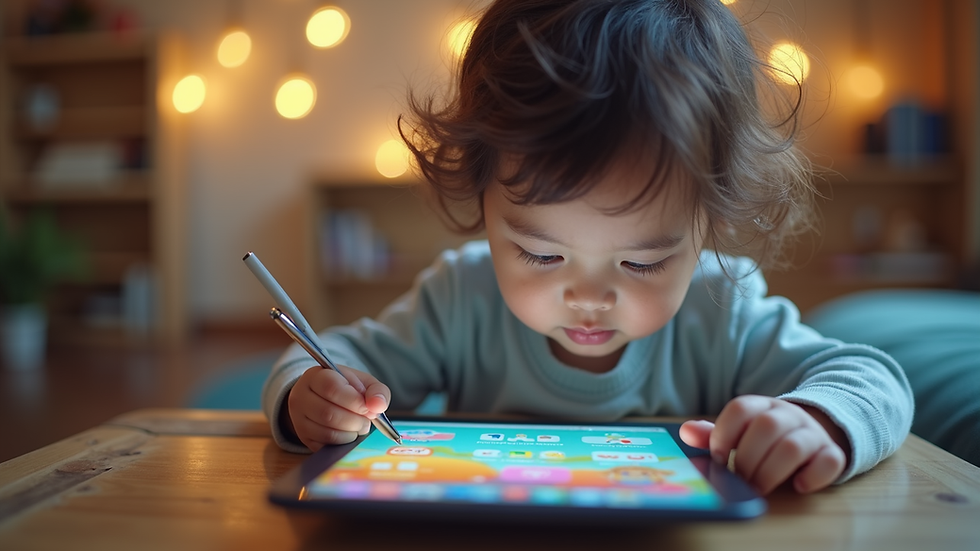 Eye-level view of a child using a tablet with a colorful kid-friendly app interface