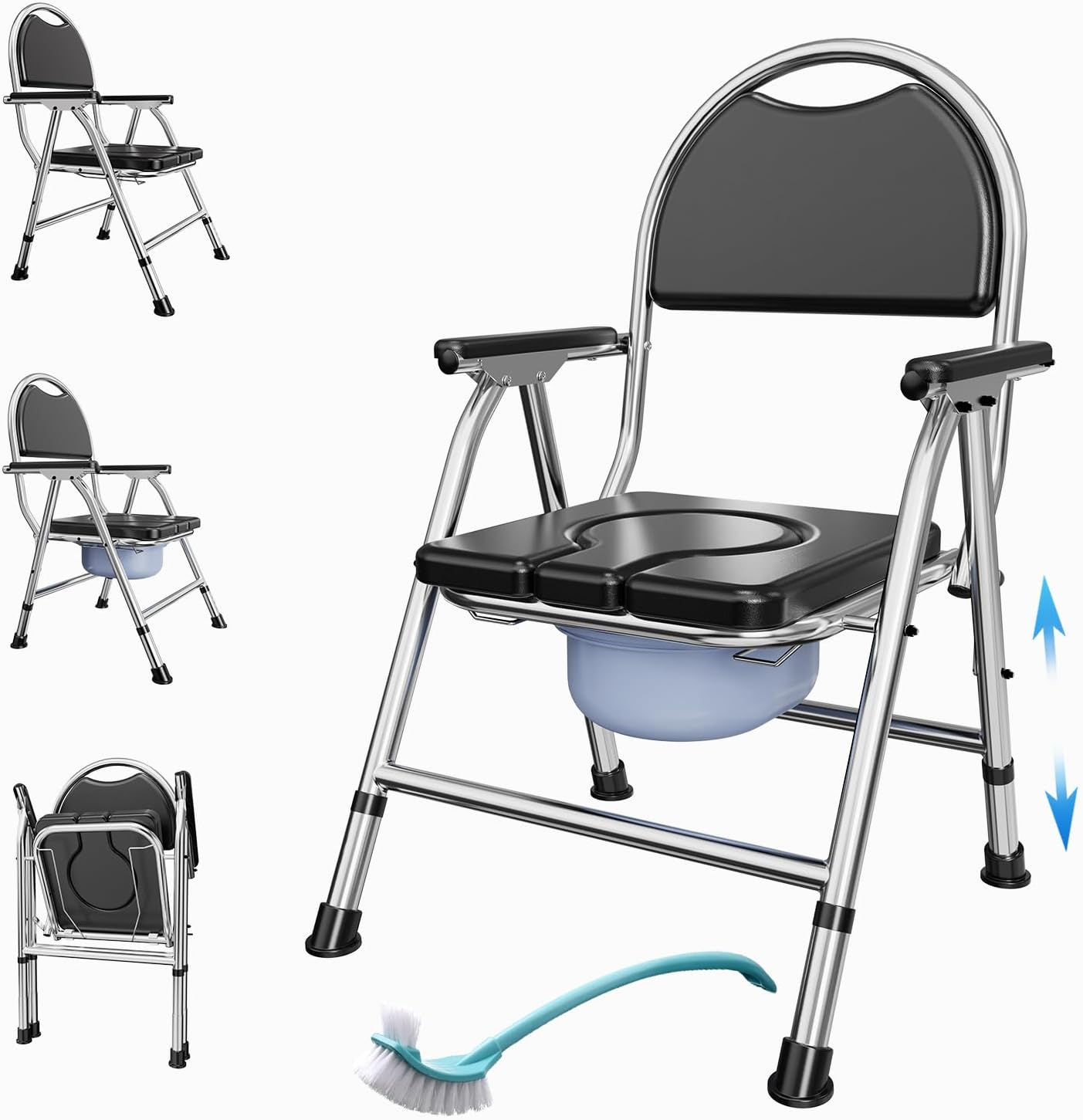 4 in 1 Folding Bedside Commode Chair for Elderly with Arms and Back