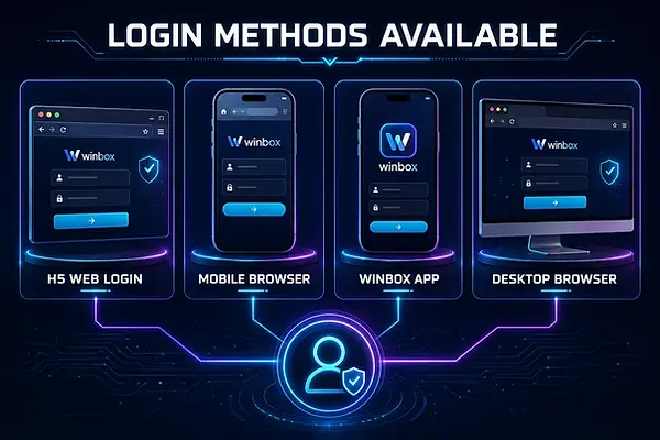 Winbox login methods showing H5 web, mobile browser, app and desktop browser access