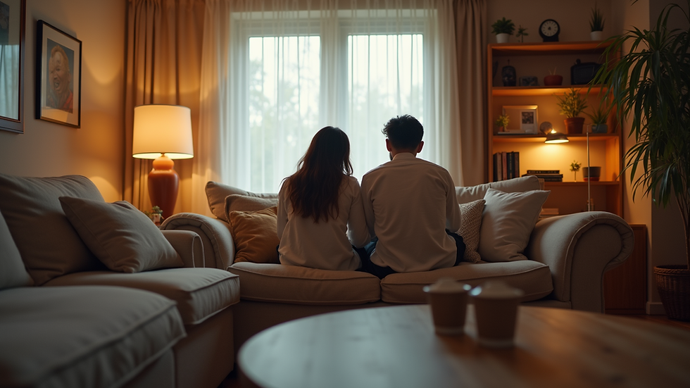 Eye-level view of a cozy living room with a couple sitting together