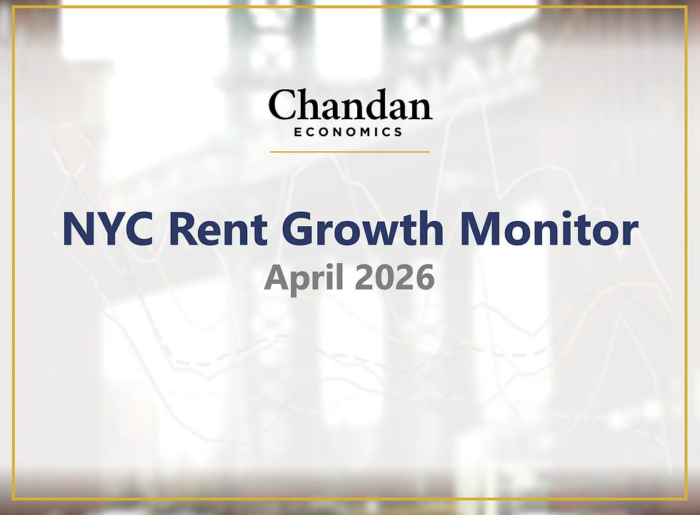 Text "NYC Rent Growth Monitor March 2026" overlaid on a cityscape with a bridge. Background includes buildings and graph lines, creating an analytical mood.