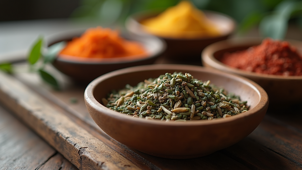 Eye-level view of traditional Chinese medicine herbs arranged in wooden bowls