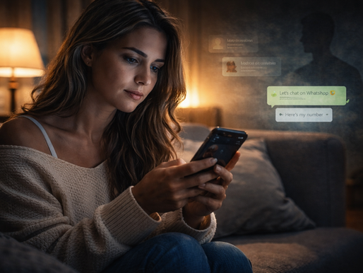 A woman transitioning from a dating app to private messaging on her phone, highlighting how scammers move victims off platforms to gain control.