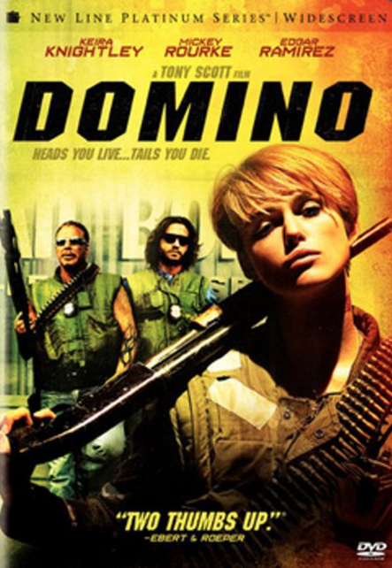 Keira Knightley, Rourke, Ramirez on "DOMINO" DVD cover. "TWO THUMBS UP."