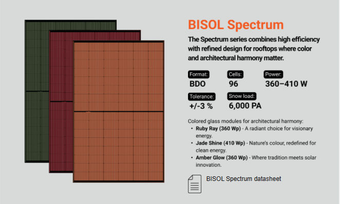 BISOL Spectrum. Colored glass PV modules. Green Jade Shine, Red Ruby Ray, Orange Amber Glow.