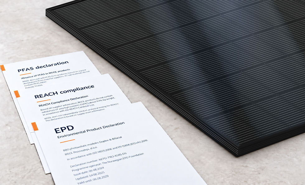 Photovoltaic module displayed with PFAS, REACH and EPD certificates.