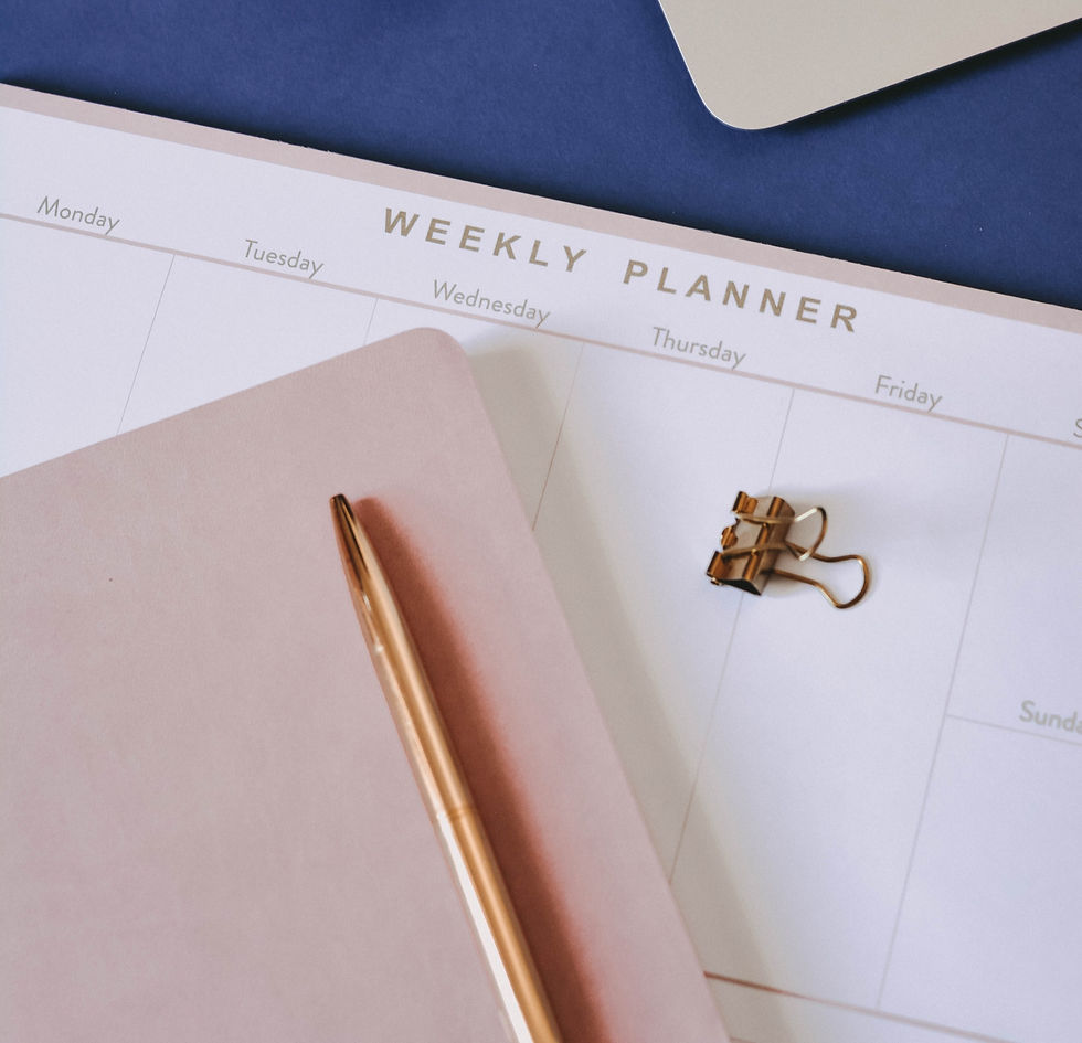 A close-up photograph of a weekly planner with a pink notebook and pen lying on top.