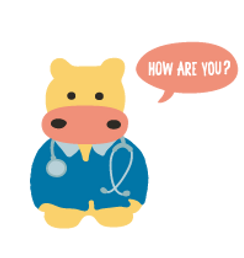 cartoon hippo doctor asking 'how are you?'