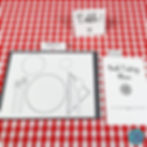 The image shows a place setting for a book tasting. The table is covered in a red and white checkered tablecloth. On top, there's a table number, place card, placemat, and book tasting menu. 