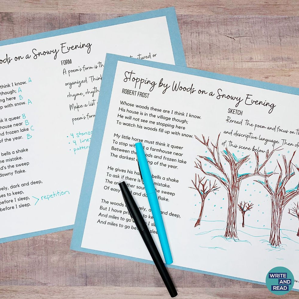 The image shows a few pages from a poetry analysis unit for "Stopping by Woods on a Snowy Evening." It shows a sketch of the scene based on imagery from the poem, and it also shows a page about the poem's form.