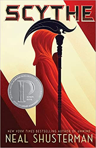 Scythe by Neal Shusterman. A Scythe stands in a red robe, which covers its face. The Scythe is holding a sickle.