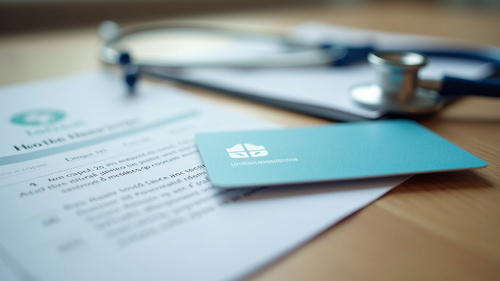 Close-up view of a health insurance card and documents on a table