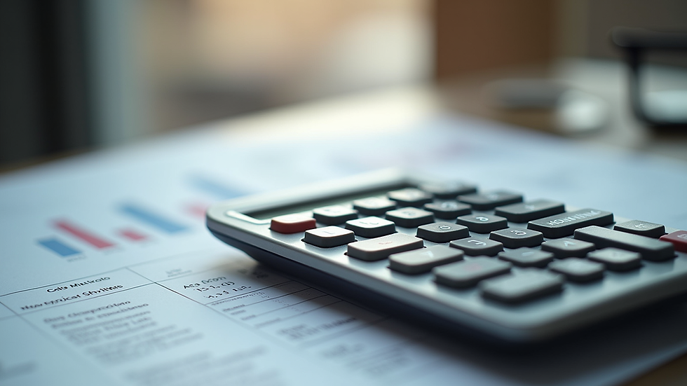 High angle view of a calculator and financial documents on a desk