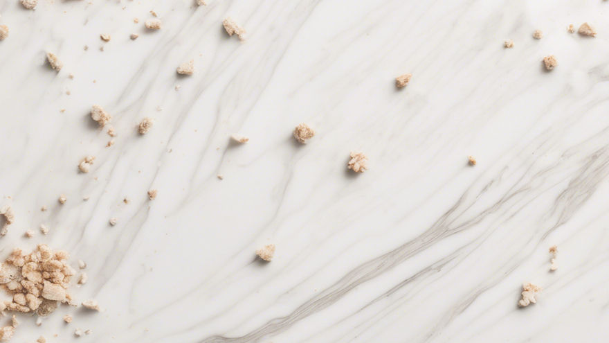 white marble countertop with a scattering of cake crumbs, natural lighting, zoomed out_edi