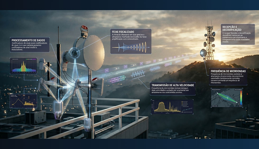 Infraestrutura de telecomunicações com antenas de micro-ondas para transmissão de dados em alta capacidade.