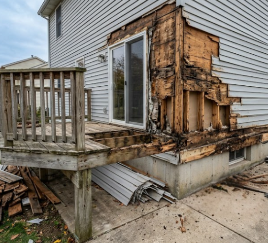 A contractor at a Northeast Ohio jobsite uncovering severe structural rot behind a home's removed siding and weathered wooden deck.