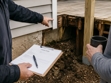 Contractor and homeowner reviewing a damaged deck during an on-site inspection, with contractor pointing to structural issue while holding a clipboard marked “change order,” and homeowner observing with a mug nearby.
