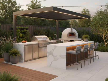 Spacious backyard featuring a modern outdoor kitchen integrated into a spacious patio and deck. Include a built-in grill, stone countertops, stainless steel cabinetry, a pizza oven, and bar-height seating.
