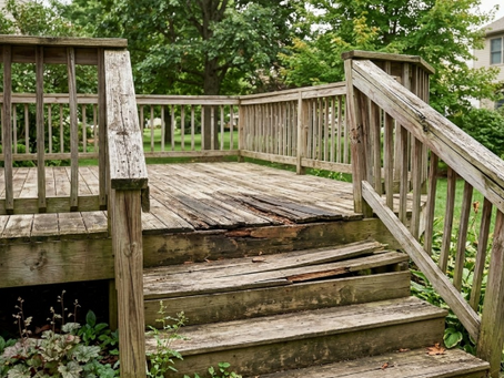 Weathered residential wooden deck with rotting boards, an uneven stair step, and a loose railing in a suburban backyard.