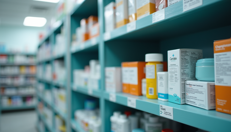 Eye-level view of a pharmacy shelf with various medication boxes