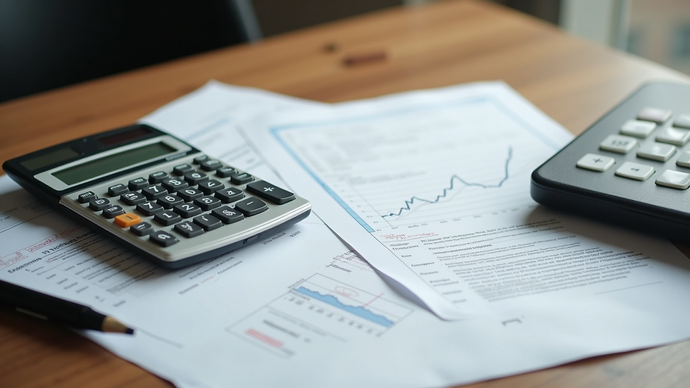 High angle view of business documents and a calculator on a wooden desk
