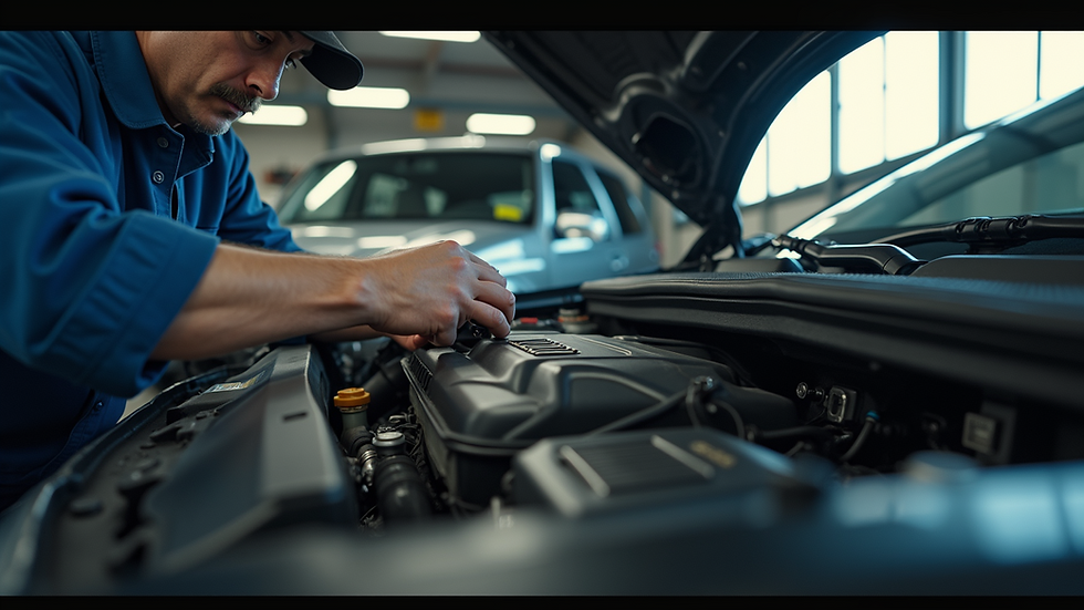 High angle view of a mechanic working on a car engine in a repair shop