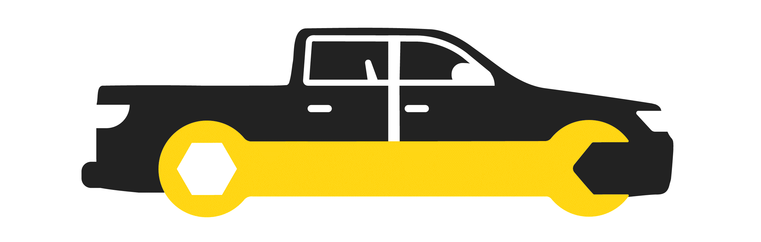 A stylized graphic of a car fused with a wrench, depicted in black and yellow, symbolising automotive repair and maintenance 