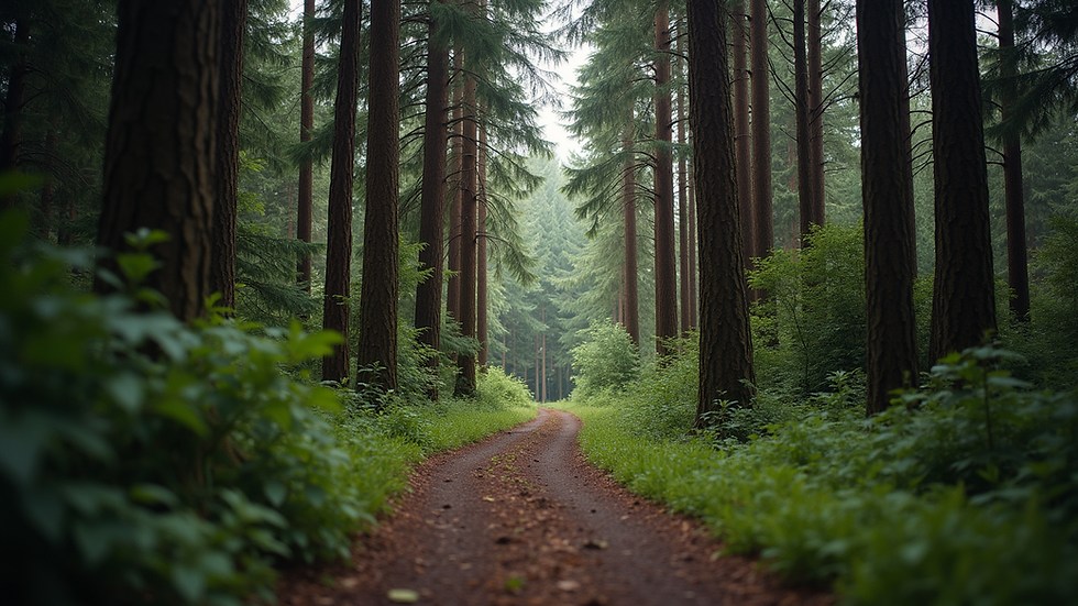 Eye-level view of a forest trail surrounded by tall trees