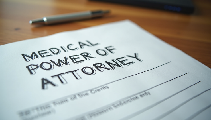 Eye-level view of a medical power of attorney document on a wooden table with a pen