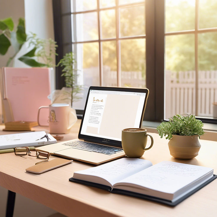 A bright, modern desk setup featuring an open notebook with handwritten notes, a steaming 