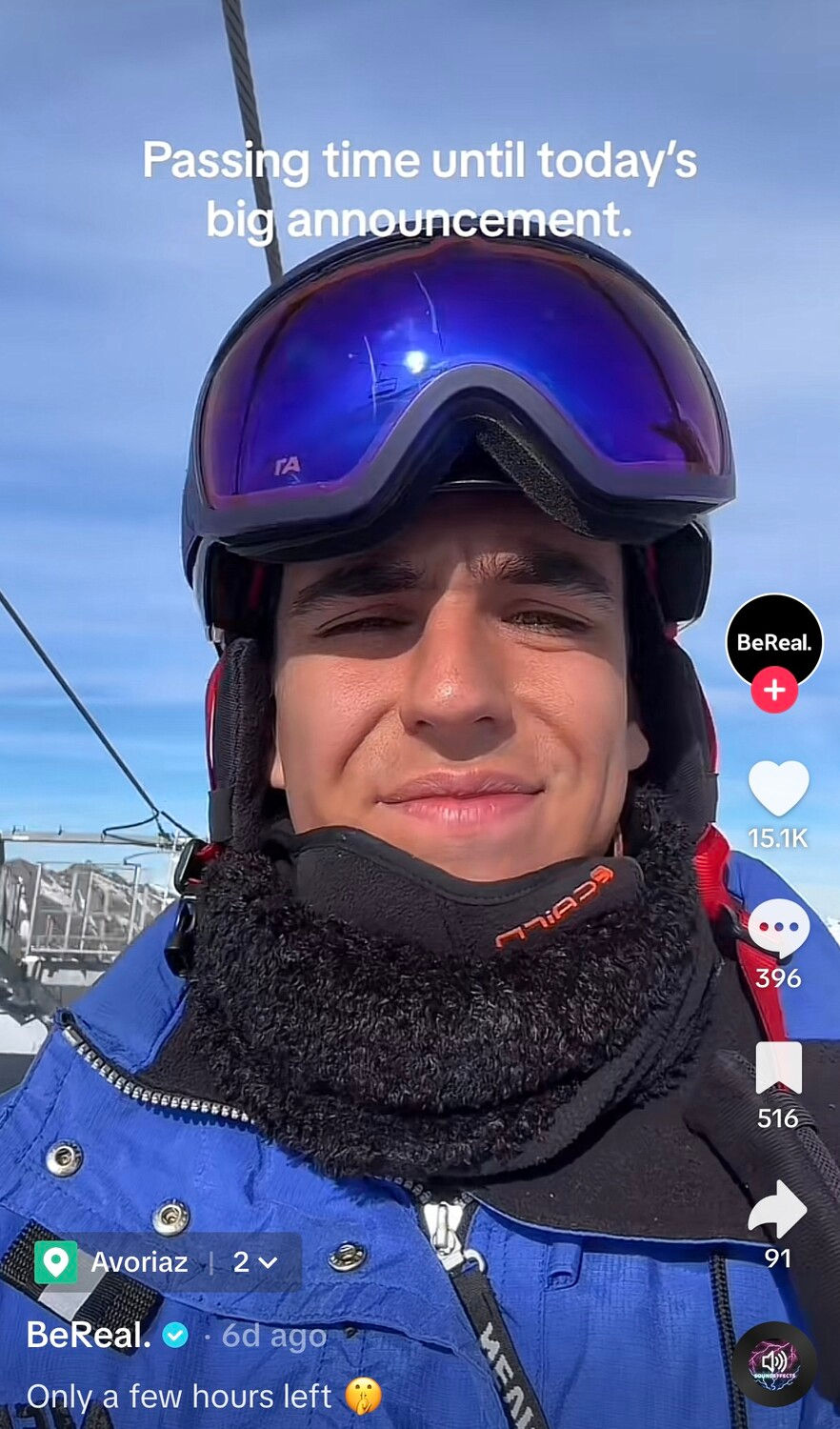 A BeReal team member in a ski jacket and goggles snaps a selfie. The text above him reads "Passing time until today's big announcement."