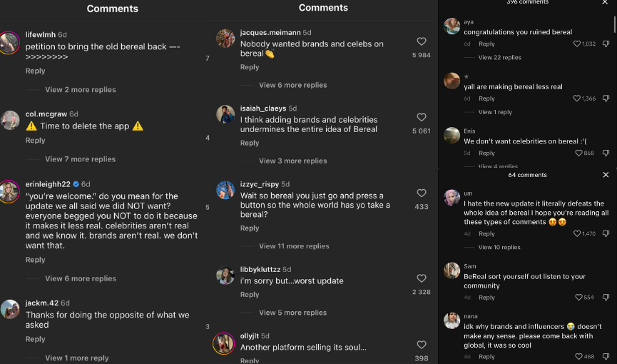 A list of comments on BeReal's TikTok and Instagram accounts. Users are voicing their dissatisfaction at the new feature that was released