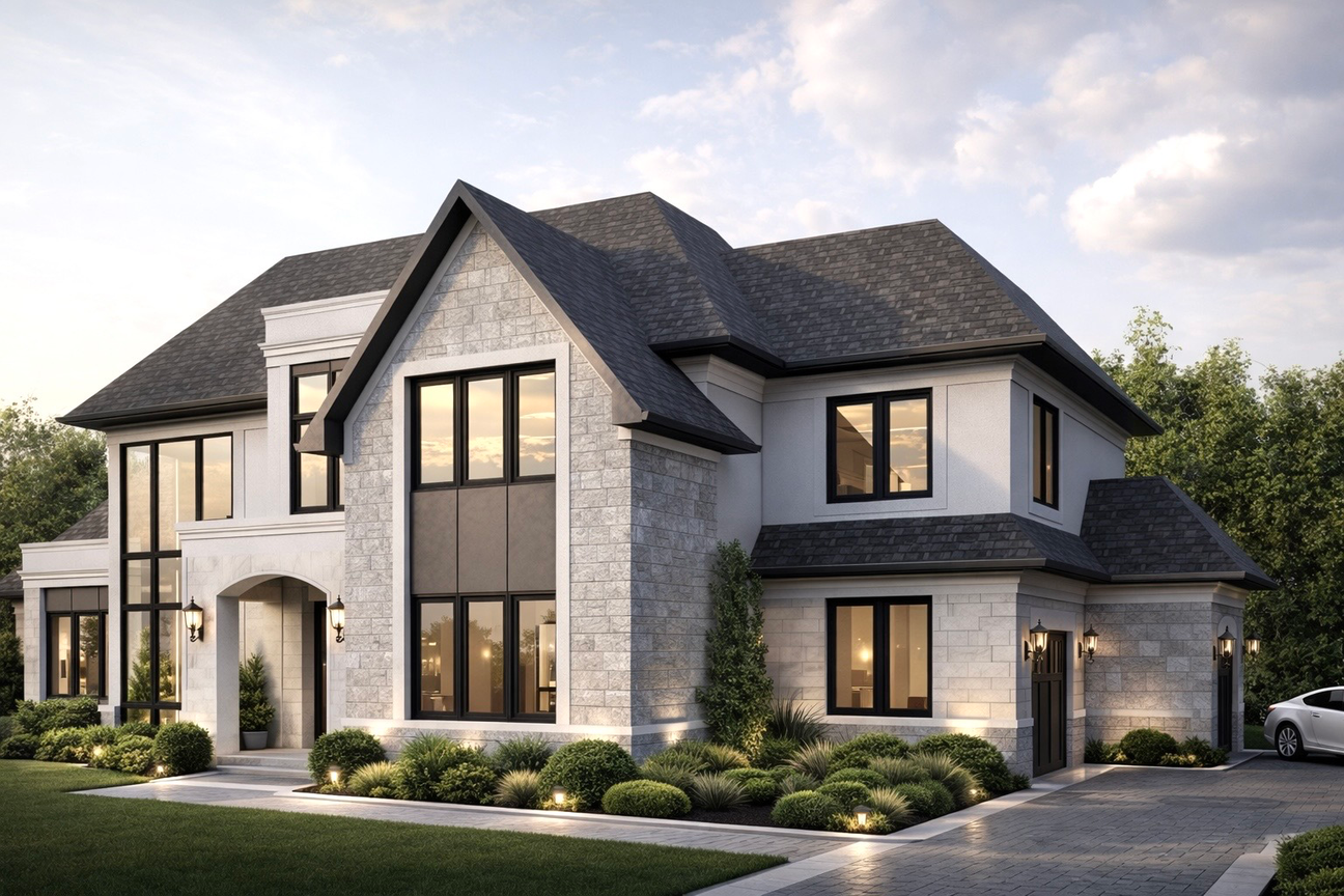 A Custom Home with grand corner glazing and a arched entry porch. Surrounded by Landscape and tall trees.