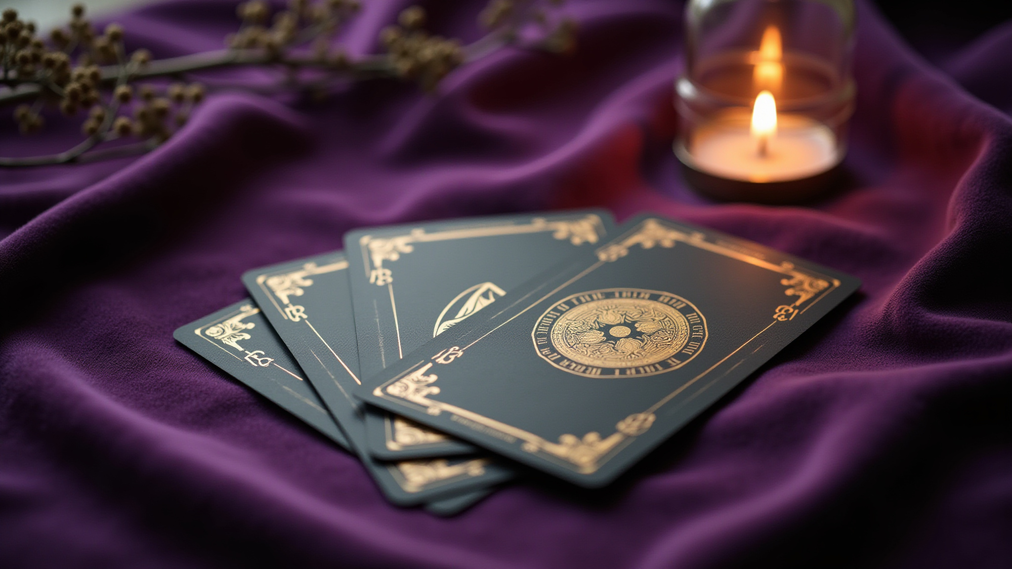 A spread of tarot cards against purple velvet