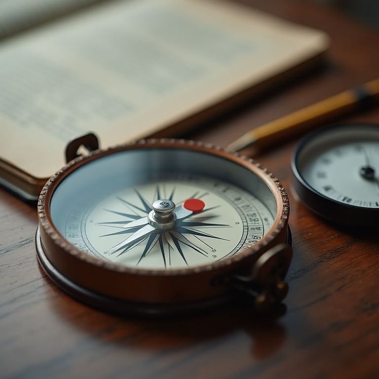 A professional set of leadership tools and a classic compass on a wooden desk.