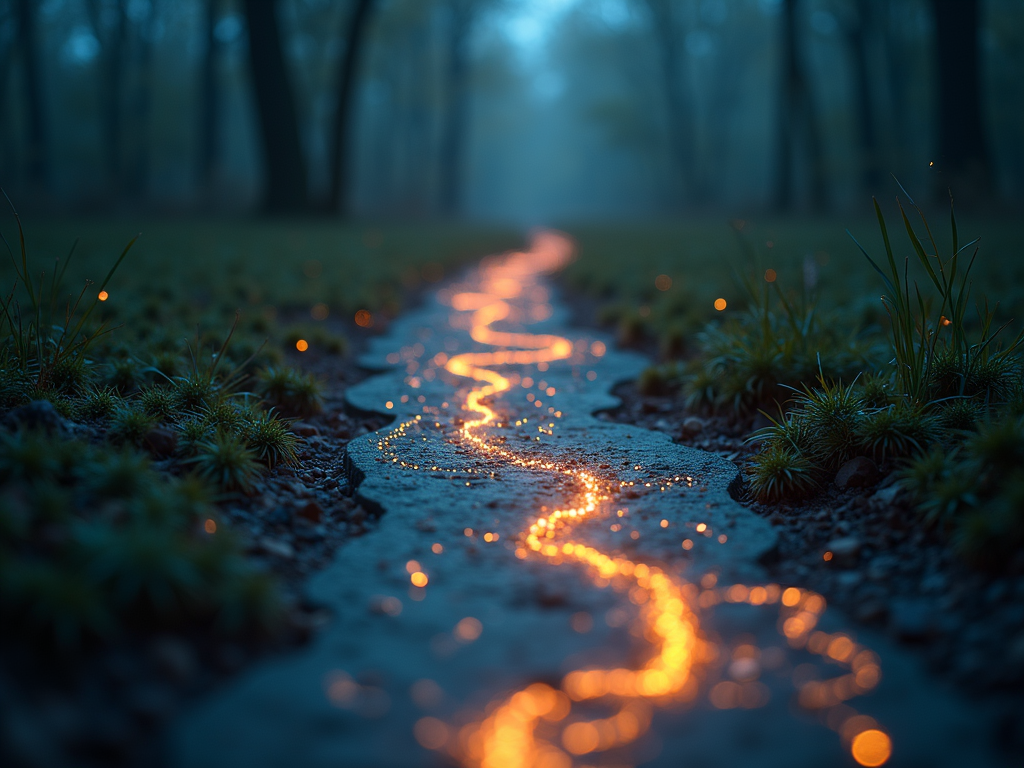 An abstract glowing digital map showing a defined pathway through complex terrain.