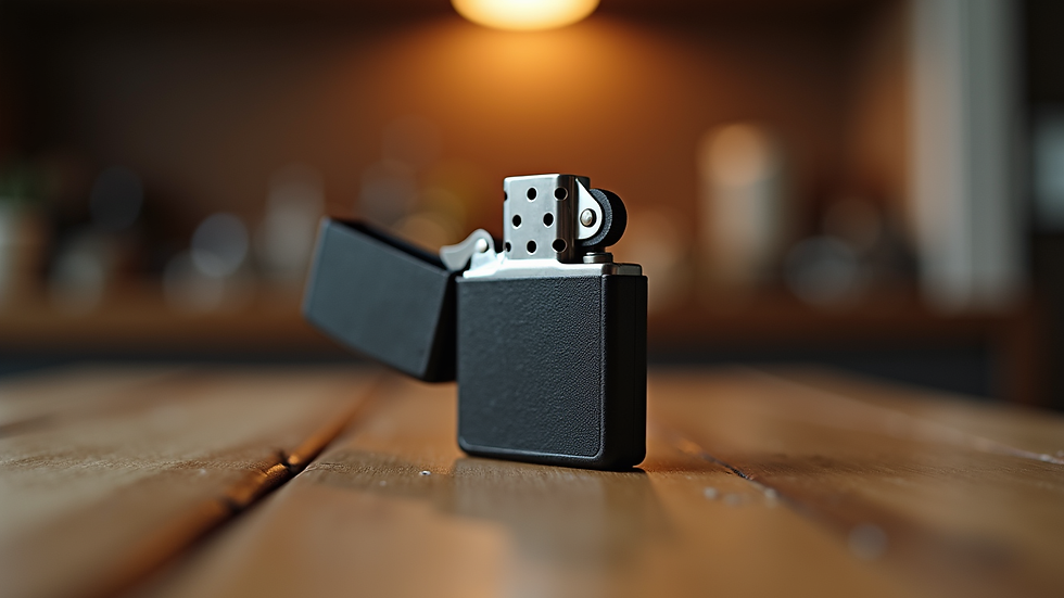 Eye-level view of vintage lighter on a wooden surface