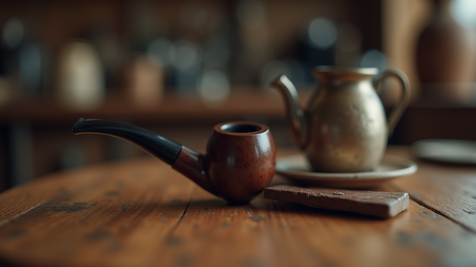 Close-up view of a vintage smoking pipe resting on a wooden table